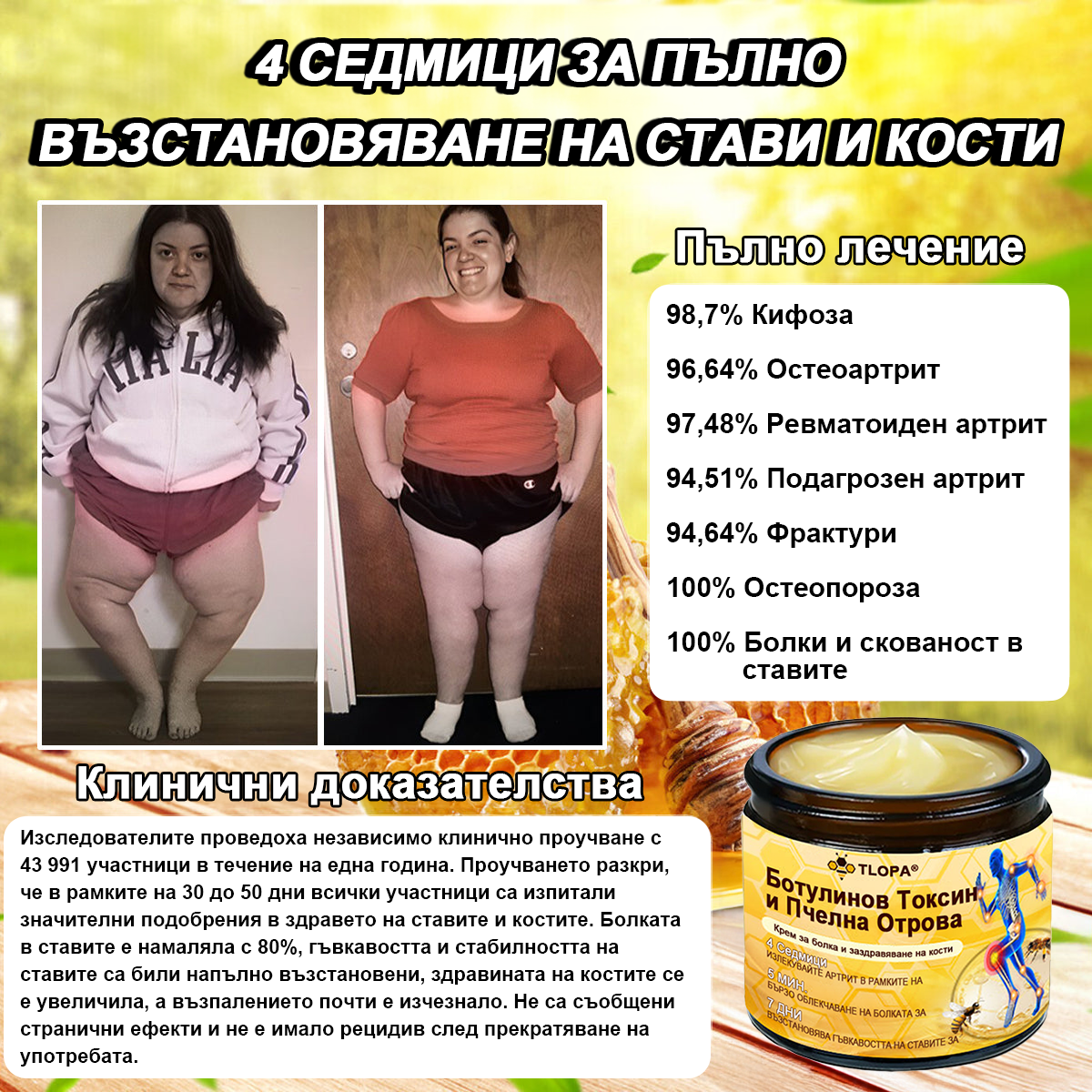 🌟TLOPA® Ботулинов токсин и Пчелна отрова Обезболяващ и Костнолечебен Крем🐝 🔥(Специално за възрастни хора & по препоръка на ортопедични специалисти) 🌿