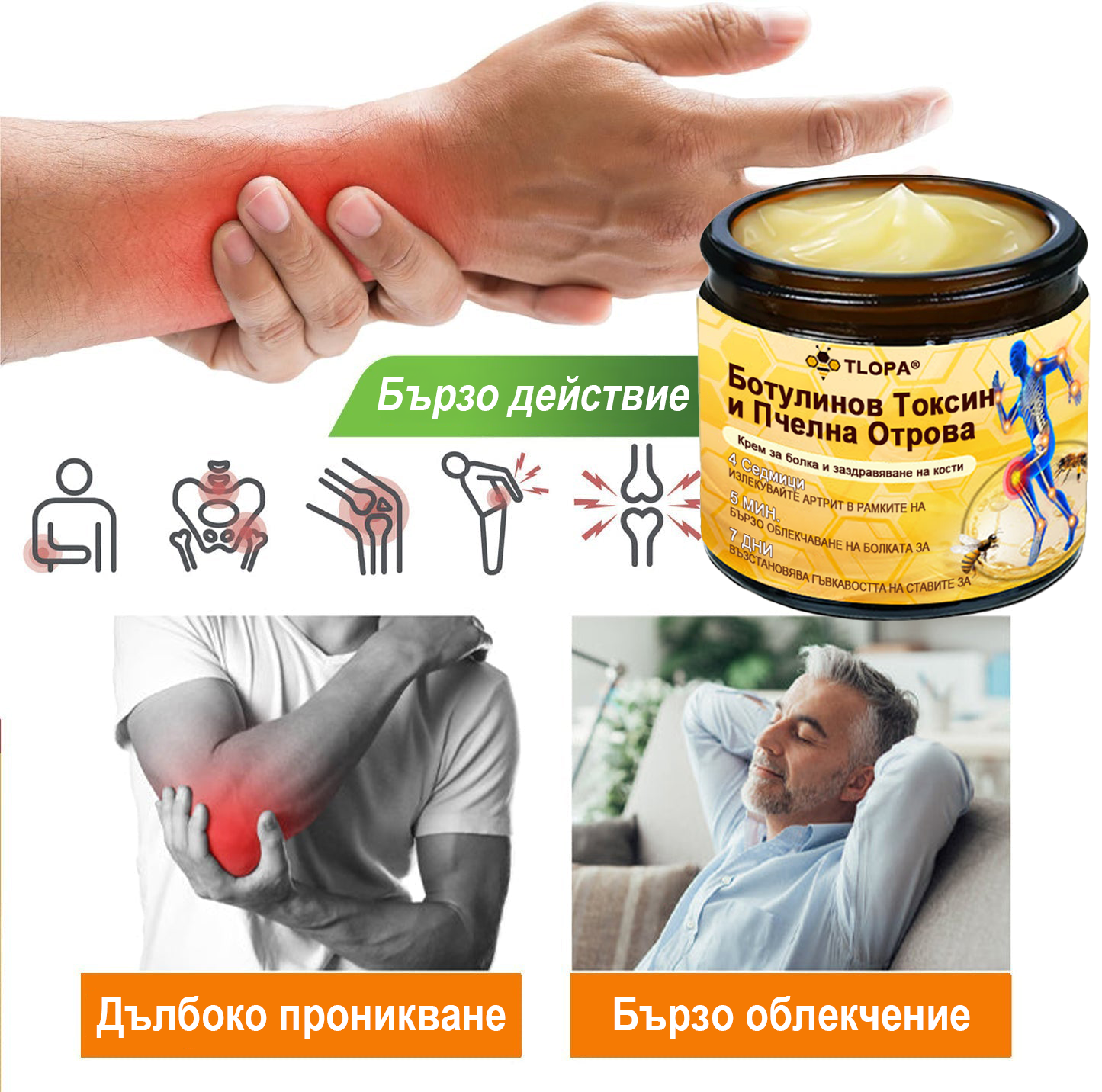 🌟TLOPA® Ботулинов токсин и Пчелна отрова Обезболяващ и Костнолечебен Крем🐝 🔥(Специално за възрастни хора & по препоръка на ортопедични специалисти) 🌿